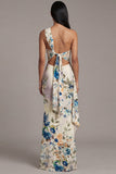 One Shoulder Printed Sheath Ivory Maxi Floral Dress