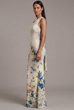 One Shoulder Printed Sheath Ivory Maxi Floral Dress