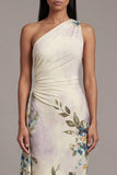 One Shoulder Printed Sheath Ivory Maxi Floral Dress