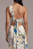 One Shoulder Printed Sheath Ivory Maxi Floral Dress