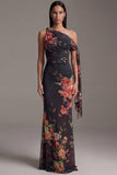 Ivory Asymmetrical Neck Sheath Printed Ruched Floral Dress