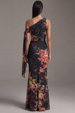Ivory Asymmetrical Neck Sheath Printed Ruched Floral Dress