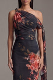Ivory Asymmetrical Neck Sheath Printed Ruched Floral Dress