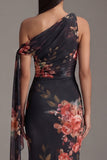 Ivory Asymmetrical Neck Sheath Printed Ruched Floral Dress