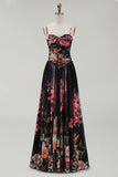 Black Printed Spaghetti Straps A Line Floral Dress