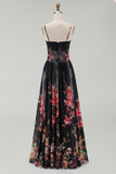 Black Printed Spaghetti Straps A Line Floral Dress