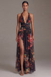 Halter Black Printed A Line Floral Dress with Slit