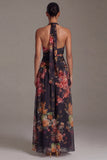 Halter Black Printed A Line Floral Dress with Slit