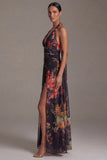 Halter Black Printed A Line Floral Dress with Slit