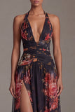 Halter Black Printed A Line Floral Dress with Slit