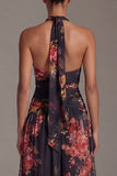 Halter Black Printed A Line Floral Dress with Slit