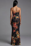Strapless Ruched Black Mermaid Printed Floral Dress