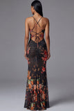 Printed Sheath Cut Out Black Spaghetti Straps Mermaid Long Floral Dress