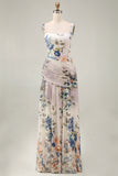 Floral Ruched Ivory Square Neck A Line Maxi Dress