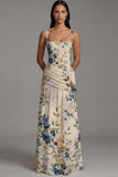Floral Ruched Ivory Square Neck A Line Maxi Dress