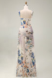 Floral Ruched Ivory Square Neck A Line Maxi Dress