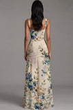 Floral Ruched Ivory Square Neck A Line Maxi Dress