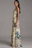 Floral Ruched Ivory Square Neck A Line Maxi Dress