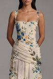 Floral Ruched Ivory Square Neck A Line Maxi Dress