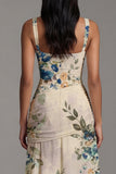 Floral Ruched Ivory Square Neck A Line Maxi Dress