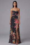 Ivory A Line Spaghetti Straps Printed Maxi Floral Dress with Slit