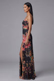 Ivory A Line Spaghetti Straps Printed Maxi Floral Dress with Slit