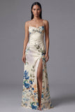 Ivory A Line Spaghetti Straps Printed Maxi Floral Dress with Slit