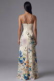 Ivory A Line Spaghetti Straps Printed Maxi Floral Dress with Slit