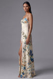 Ivory A Line Spaghetti Straps Printed Maxi Floral Dress with Slit