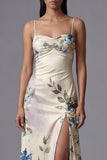 Ivory A Line Spaghetti Straps Printed Maxi Floral Dress with Slit