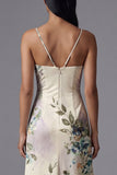 Ivory A Line Spaghetti Straps Printed Maxi Floral Dress with Slit