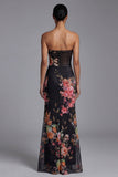 Strapless Printed Cut Out Black Long Floral Dress