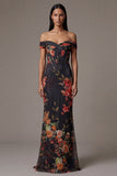Off The Shoulder Printed Cut Out Black Floral Dress