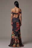 Off The Shoulder Printed Cut Out Black Floral Dress