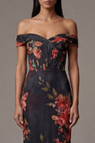 Off The Shoulder Printed Cut Out Black Floral Dress