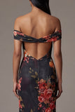 Off The Shoulder Printed Cut Out Black Floral Dress