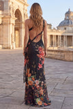 One Shoulder Printed Cut Out Mermaid Black Floral Dress