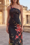 One Shoulder Printed Cut Out Mermaid Black Floral Dress