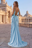 Sky Blue Mermaid Ruched Spaghetti Straps Long Prom Dress with Ruffles