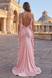 Pink Beaded Mermaid Spaghetti Straps Long Prom Dress with Ruffles