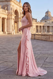 Pink Beaded Mermaid Spaghetti Straps Long Prom Dress with Ruffles