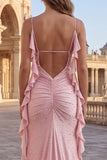 Pink Beaded Mermaid Spaghetti Straps Long Prom Dress with Ruffles