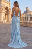 Pink Beaded Mermaid Spaghetti Straps Long Prom Dress with Ruffles