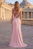 One Shoulder Pink Mermaid Ruched Long Prom Dress with Slit