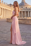 One Shoulder Pink Mermaid Ruched Long Prom Dress with Slit