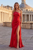 One Shoulder Pink Mermaid Ruched Long Prom Dress with Slit