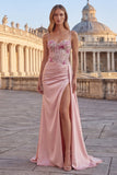 Pink Mermaid Floral Ruched Corset Long Prom Dress with Side Cape