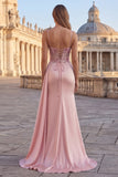 Pink Mermaid Floral Ruched Corset Long Prom Dress with Side Cape