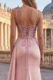 Pink Mermaid Floral Ruched Corset Long Prom Dress with Side Cape