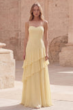 Yellow A Line Lace Up Back Long Bridesmaid Dress with Ruffles